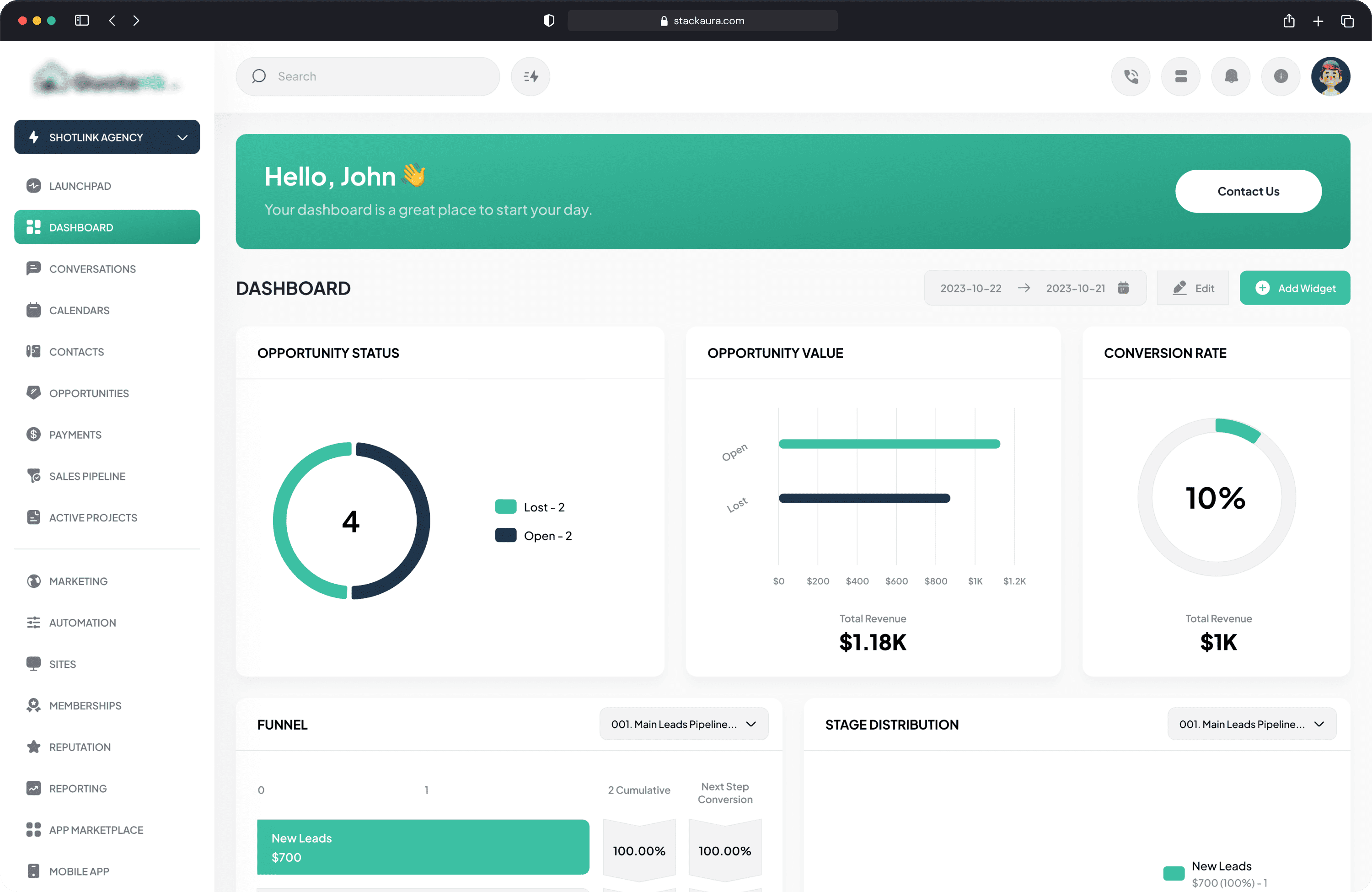 Teal branded GoHighLevel dashboard theme with refined CRM interface and SaaS layout | StackAura