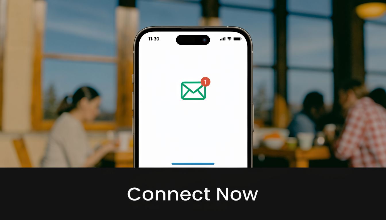 A smartphone screen displaying an email notification icon with a red alert badge against a blurred background.