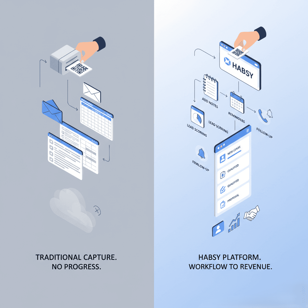 Diagram illustrating how Habsy manages business card scanning from accurate capture to organized contacts and follow-up readiness.