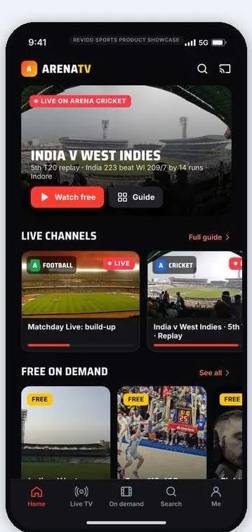ARENA TV demo home screen on a phone