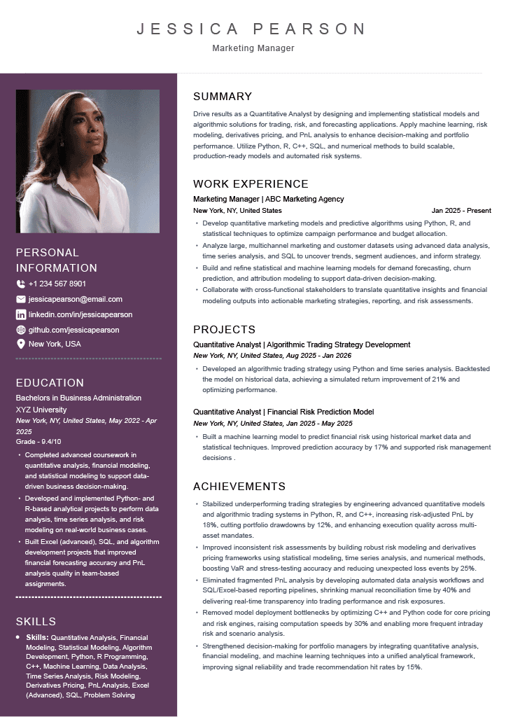 Two-column creative resume with a deep plum sidebar