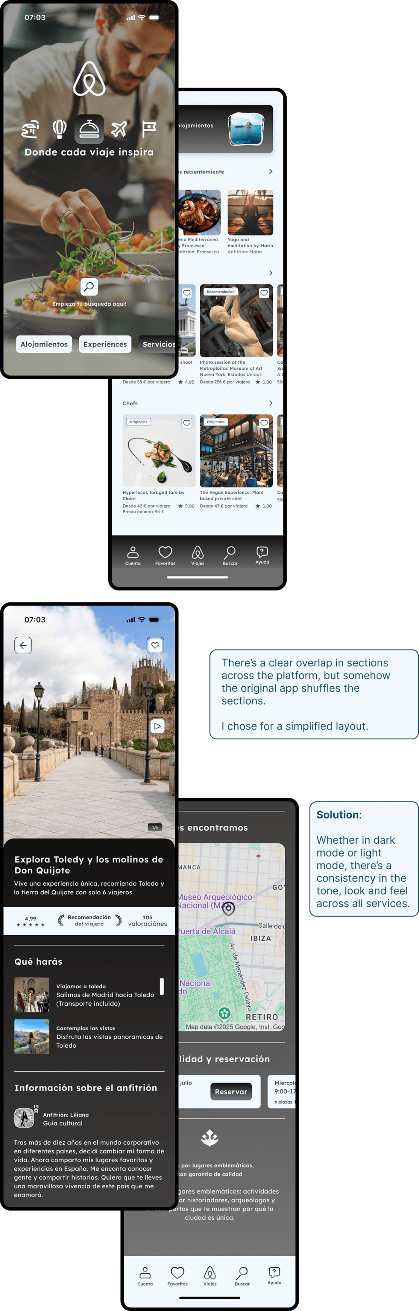 Group of redesigned app screens displaying harmonized layouts and consistent navigation for services, experiences, and accommodations. Includes annotated usability notes discussing section overlaps, simplified layouts, and the use of consistent tone and structure across all app services.
