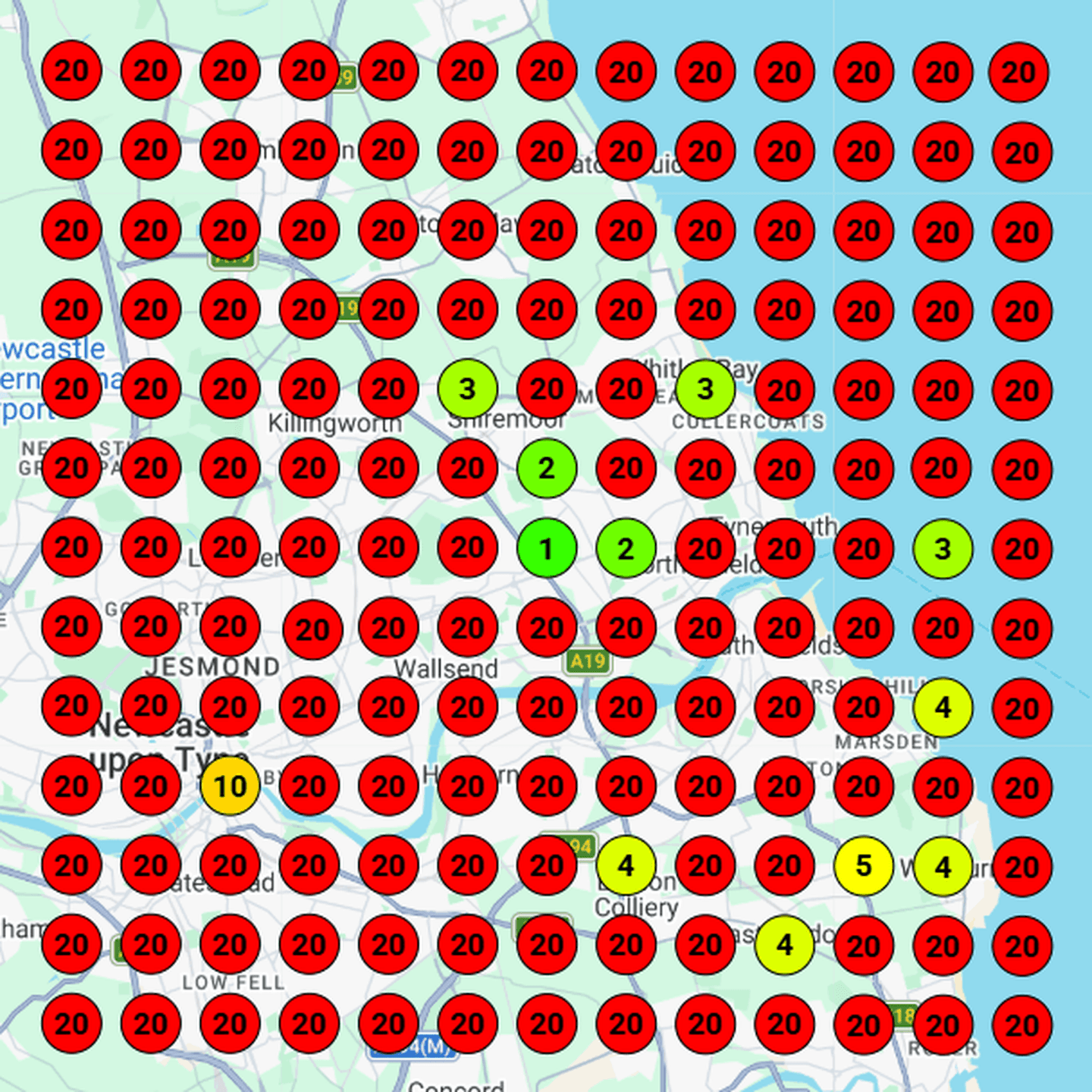 Map scan on 8 January 2026 for party bus hire in Newcastle, with Autograph Limousines 20th or lower at almost every point on the grid
