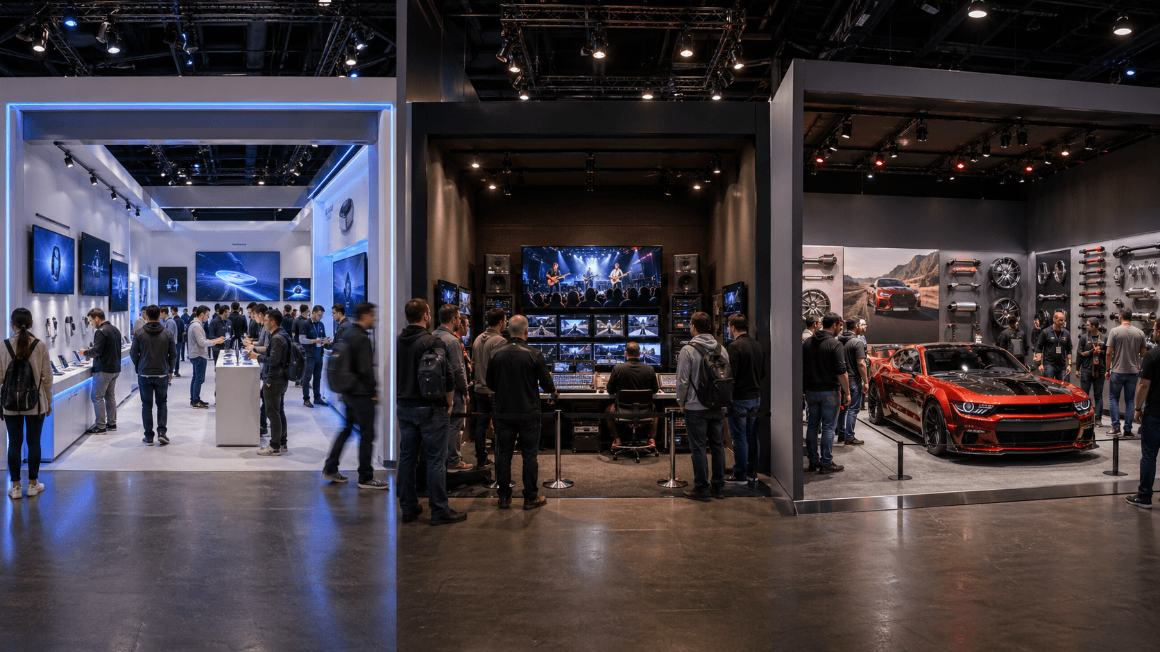 Three 20x20 trade show booths compared across CES, NAB, and SEMA, showing different traffic behavior, display priorities, and audience movement