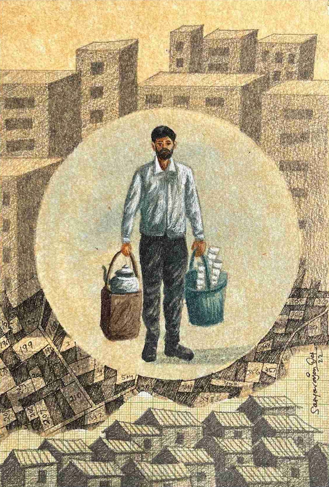 herd of sheep on road painting