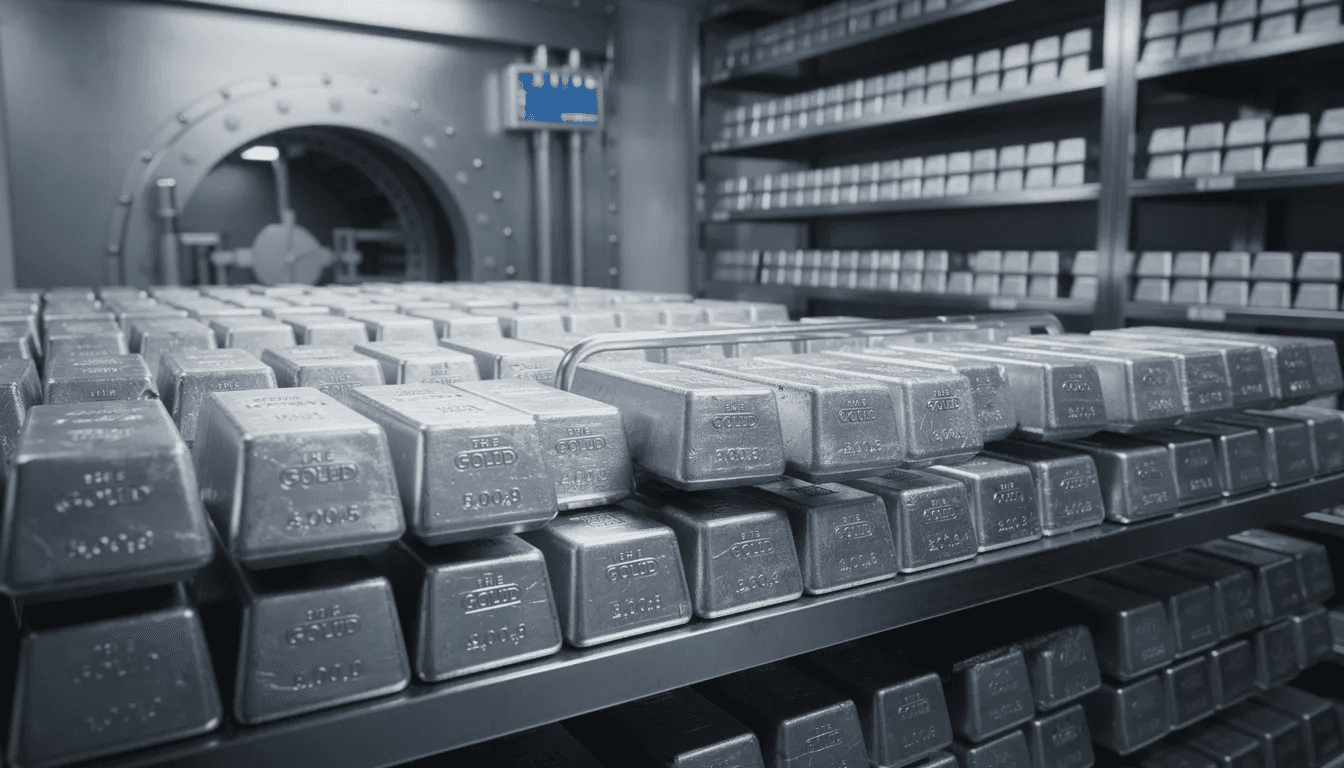 The image depicts stacked silver bars in a secure vault, organized on metallic shelving, representing a significant investment in physical silver and precious metals. This scene highlights the importance of traditional silver investments and the role of silver backed cryptocurrency in the modern financial landscape.