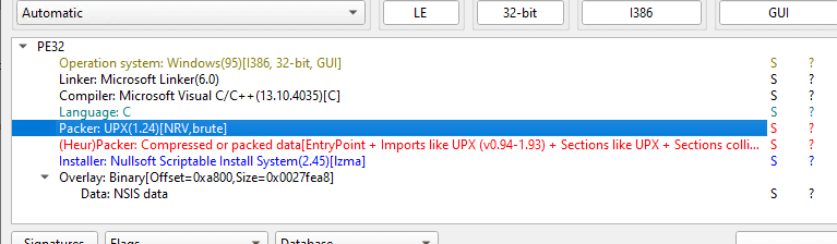 Dateianalyse einer älteren Version von TeamViewer 5: 32-Bit-PE, Microsoft Linker 6.0, mit UPX 1.24 gepackt, Nullsoft-Installer (NSIS) 2.45 mit NSIS-Daten im Overlay.