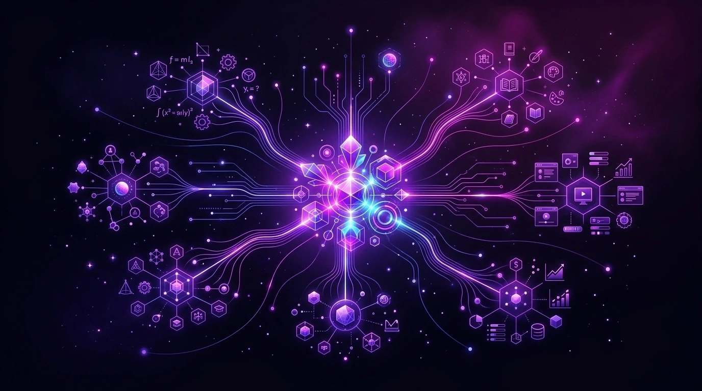 A cinematic vector illustration of a content cluster system. A radiant central magenta node anchors a field of smaller violet satellites connected by thin luminous threads, all floating within a deep black digital void with soft atmospheric glow.