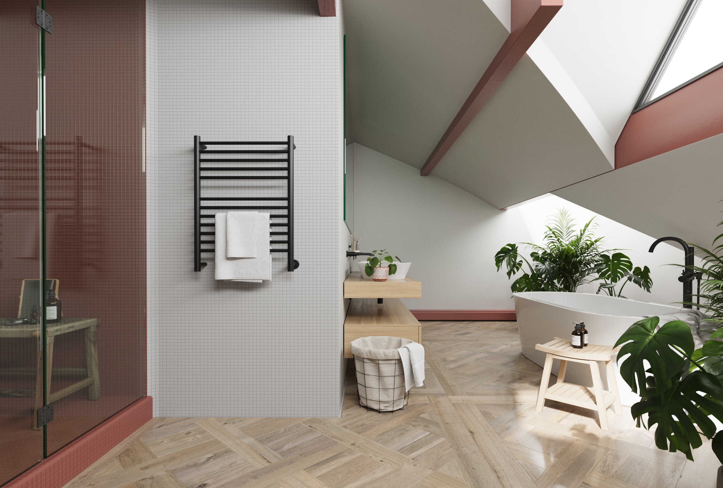 A bathroom located in an attic space with sloped ceilings, a skylight, and a white vertical radiator.