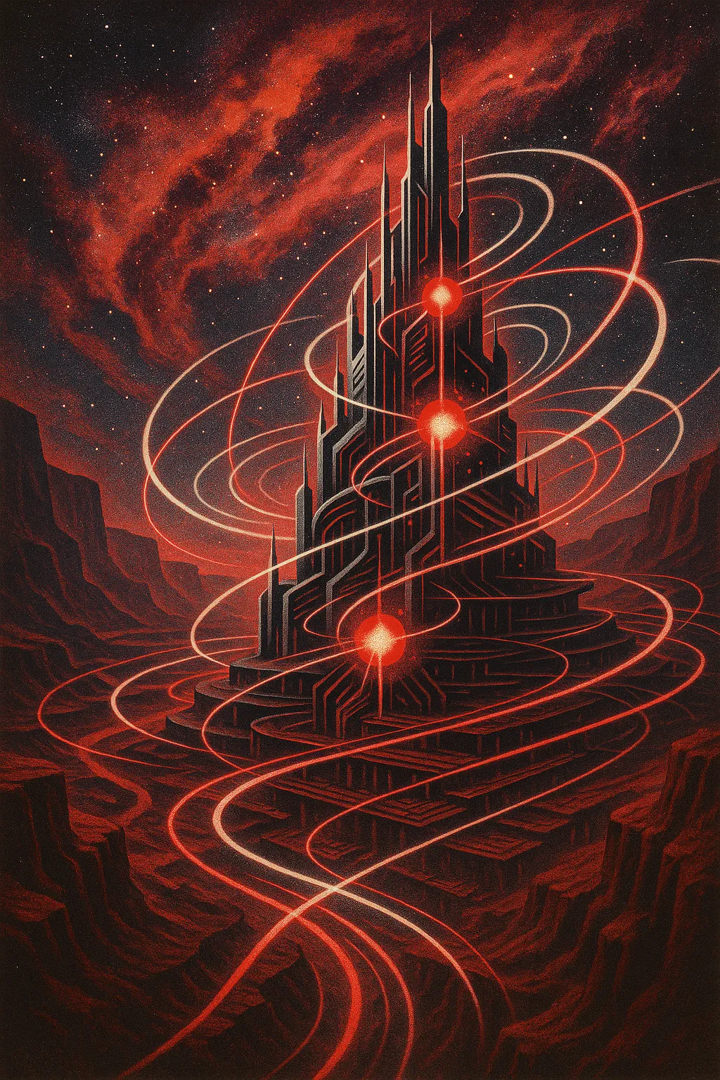 Surreal digital tower with red orbits, symbolizing RockN' Socials Digital Marketing Agency.