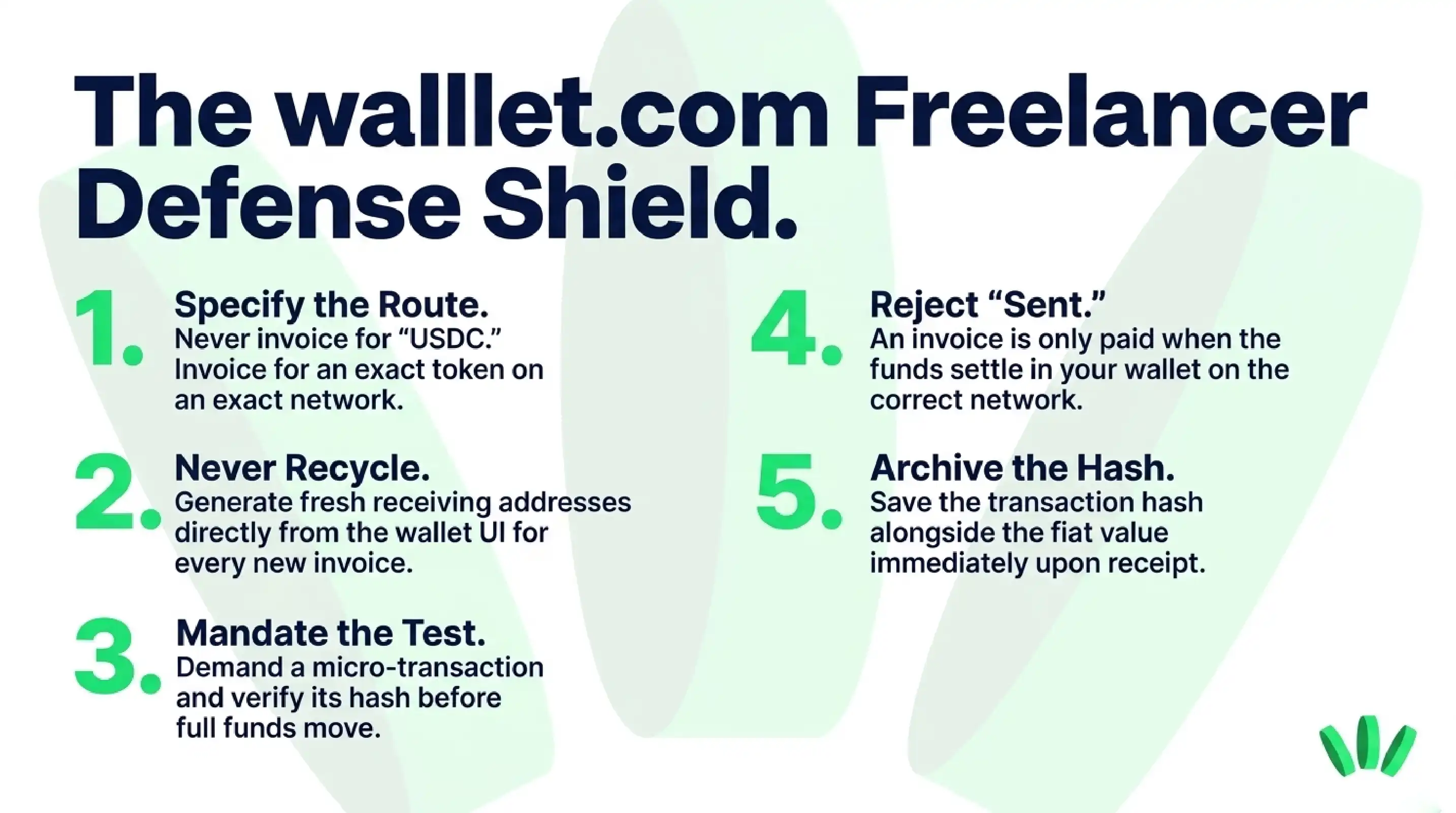 Five-part freelancer payment safety shield: specify the exact route, use fresh wallet receive details, require a test payment, reject “sent” without verification, and archive the transaction hash.