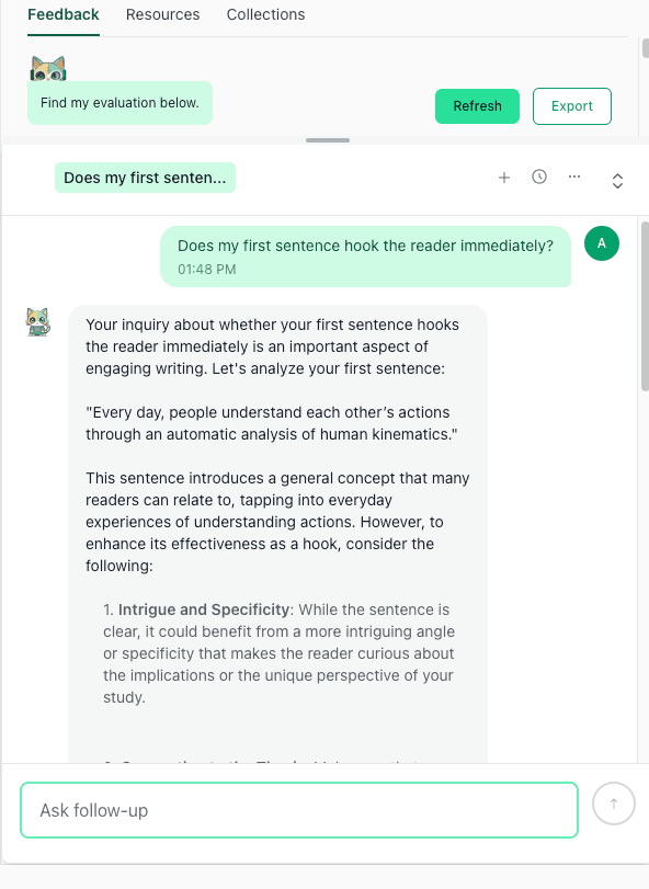 chat with Theo evaluating whether an abstract first sentence hooks the reader
Image title: Chat with Theo Abstract First Sentence Hook Check