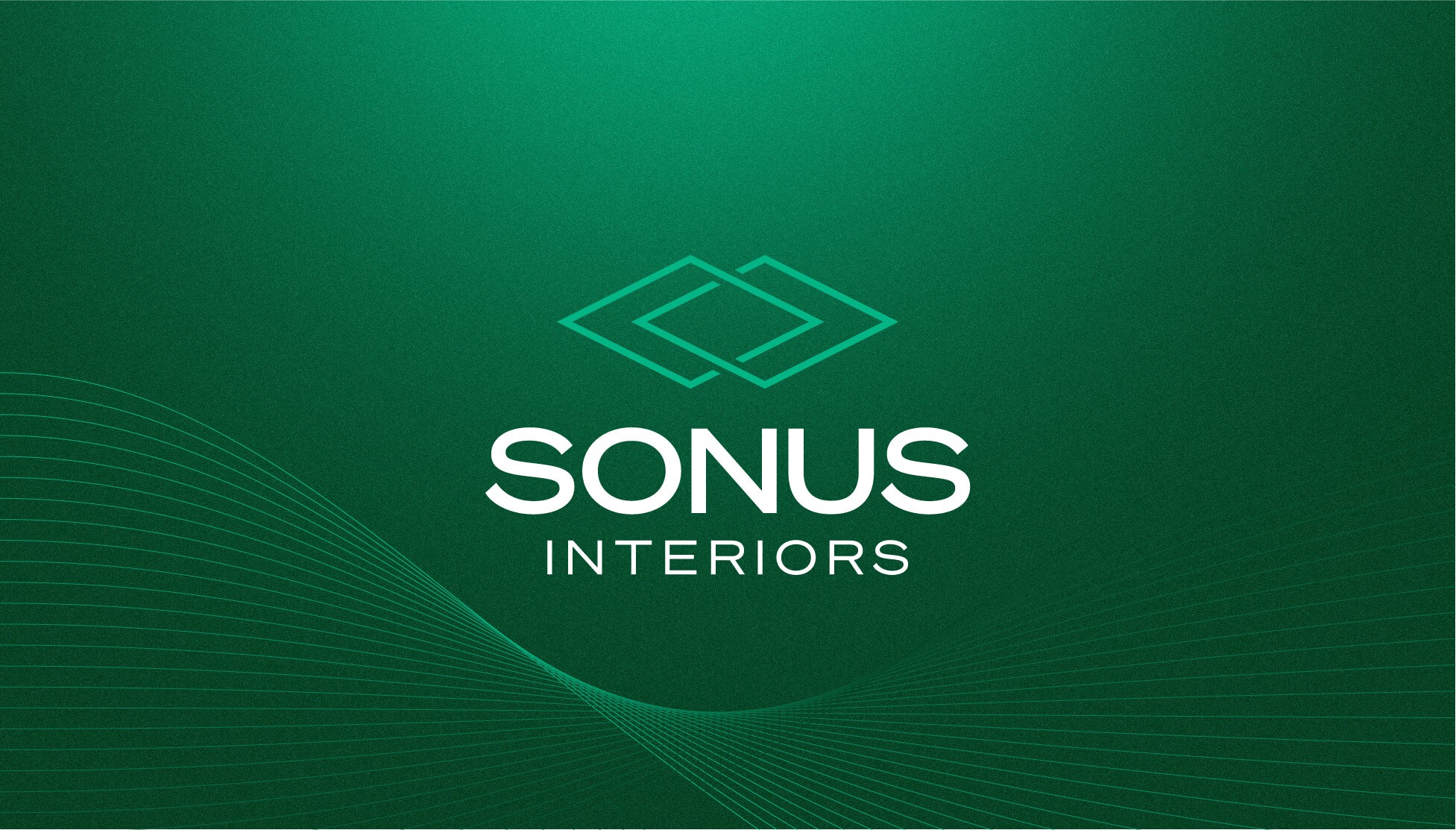 White and green version of the Sonus Interiors logo on a gradient green background with subtle audio wave patterns.