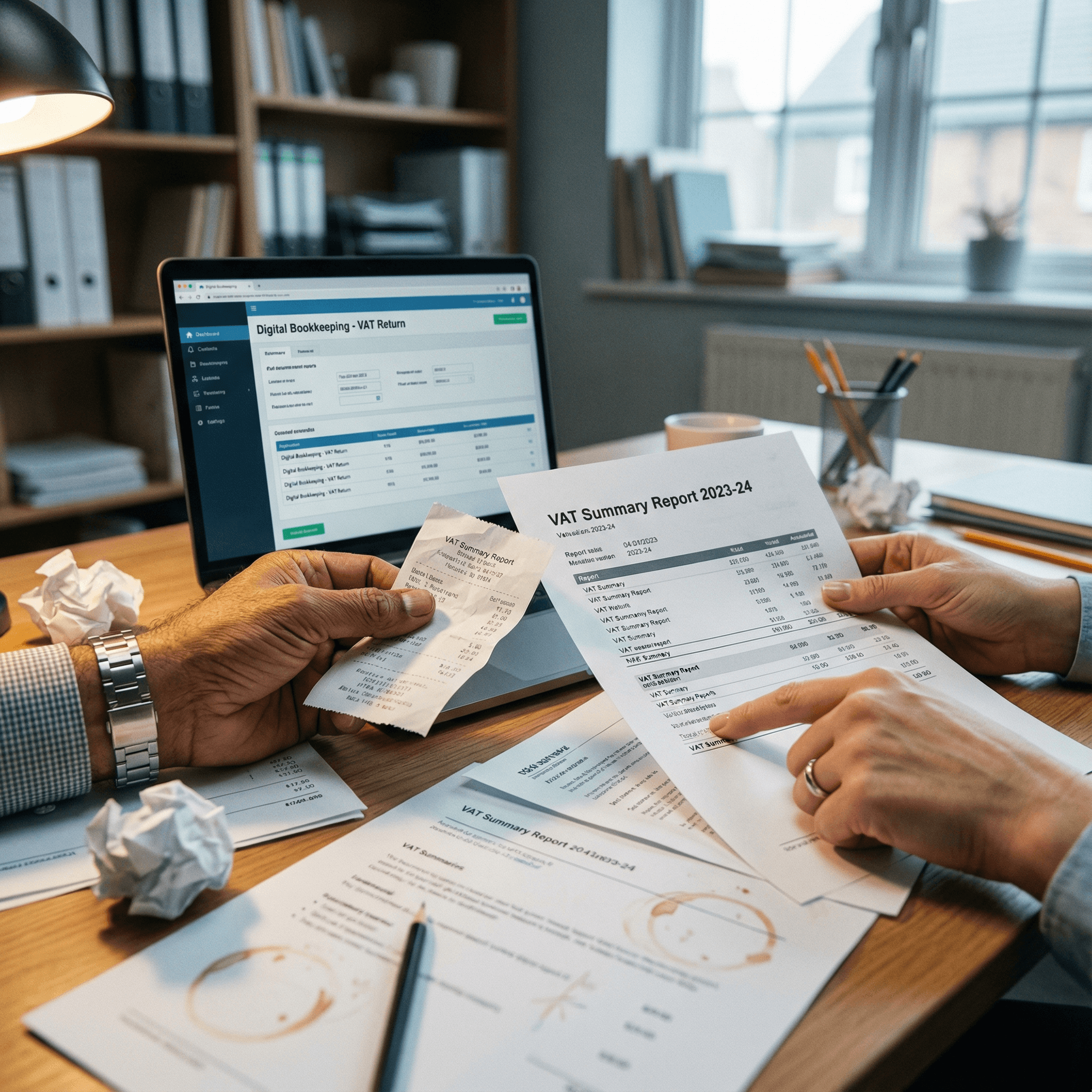 A professional woman with short dark hair wearing a beige blouse stands in a busy office.
