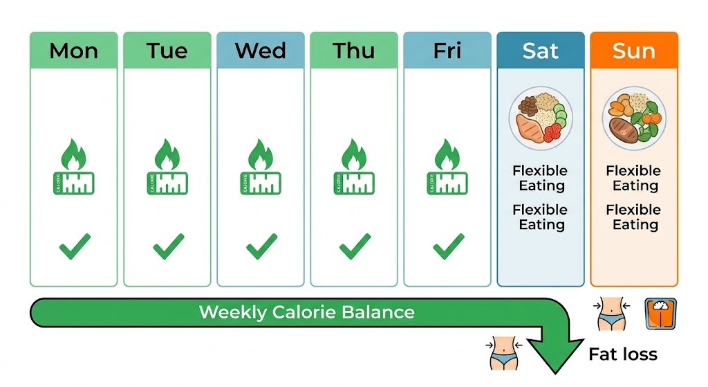 A clean infographic showing a 7-day calendar with a total "Weekly Calorie Balance" in green at the bottom. The days Monday through Friday are highlighted in green and feature green fire and checkmark icons. Saturday and Sunday are in orange and blue, featuring detailed, healthy meal plate illustrations labeled "Flexible Eating." A large green arrow points downward to the right, showing "Fat loss" alongside a scale icon and a waistline measurement icon.