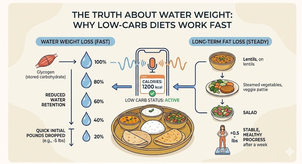 A brand-consistent infographic explaining water weight loss vs. long-term fat loss. The left side illustrates glycogen depletion and reduced water retention leading to quick initial weight drop. The right side shows healthy vegetarian meals like lentils and salads for steady progress, centered around a smartphone app tracking low-carb status.
