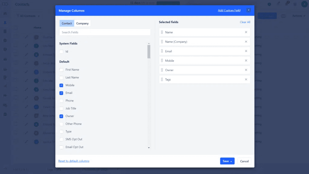 Salesmate customizable columns