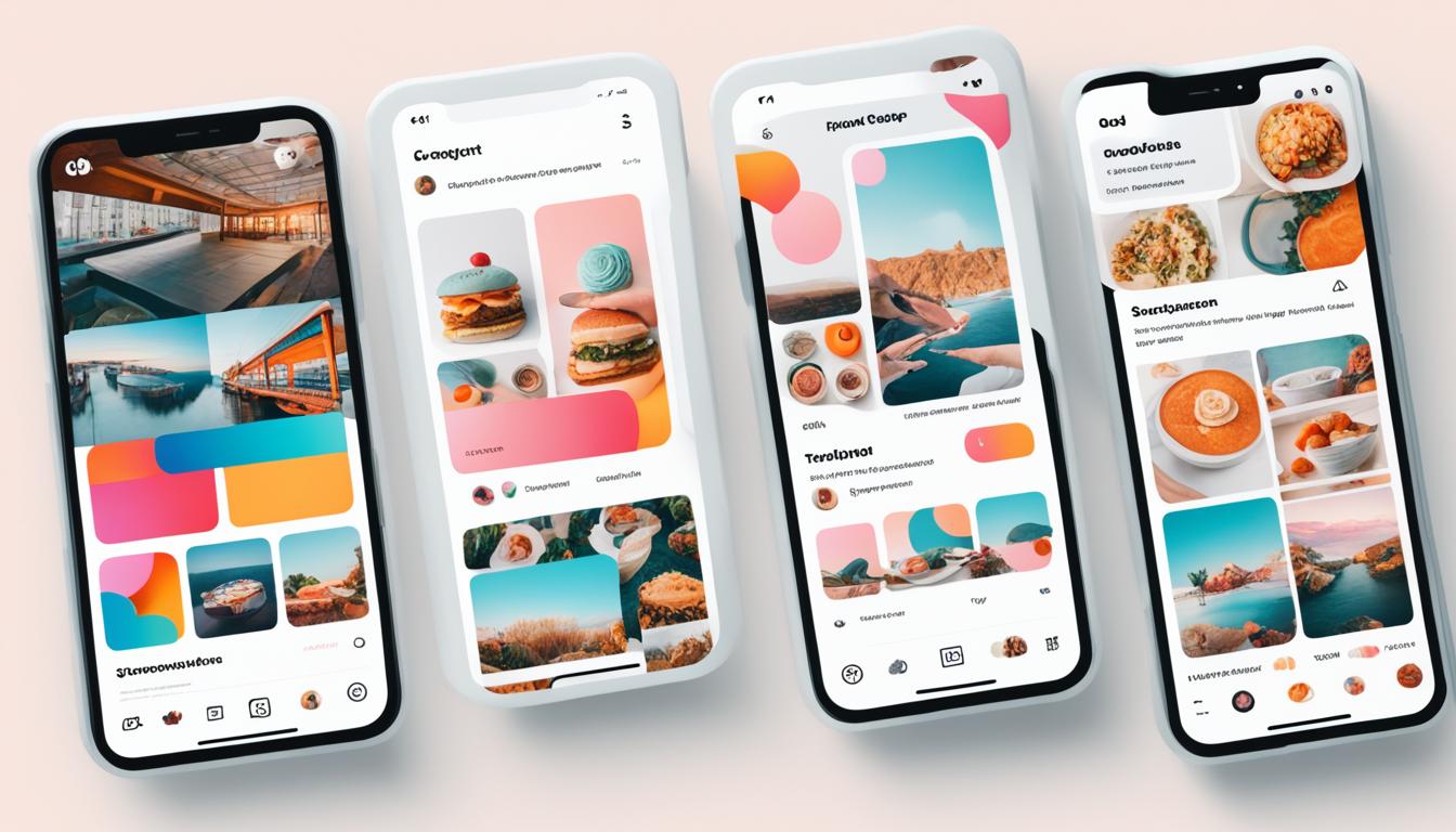 Show a visual representation of the five different content formats available on Instagram, including a photo post, video post, carousel post, stories, and IGTV. Each format should be distinguishable in terms of layout and design, but still cohesive within the overall image. Use colors and shapes to convey the different formats and add a playful element to the image.