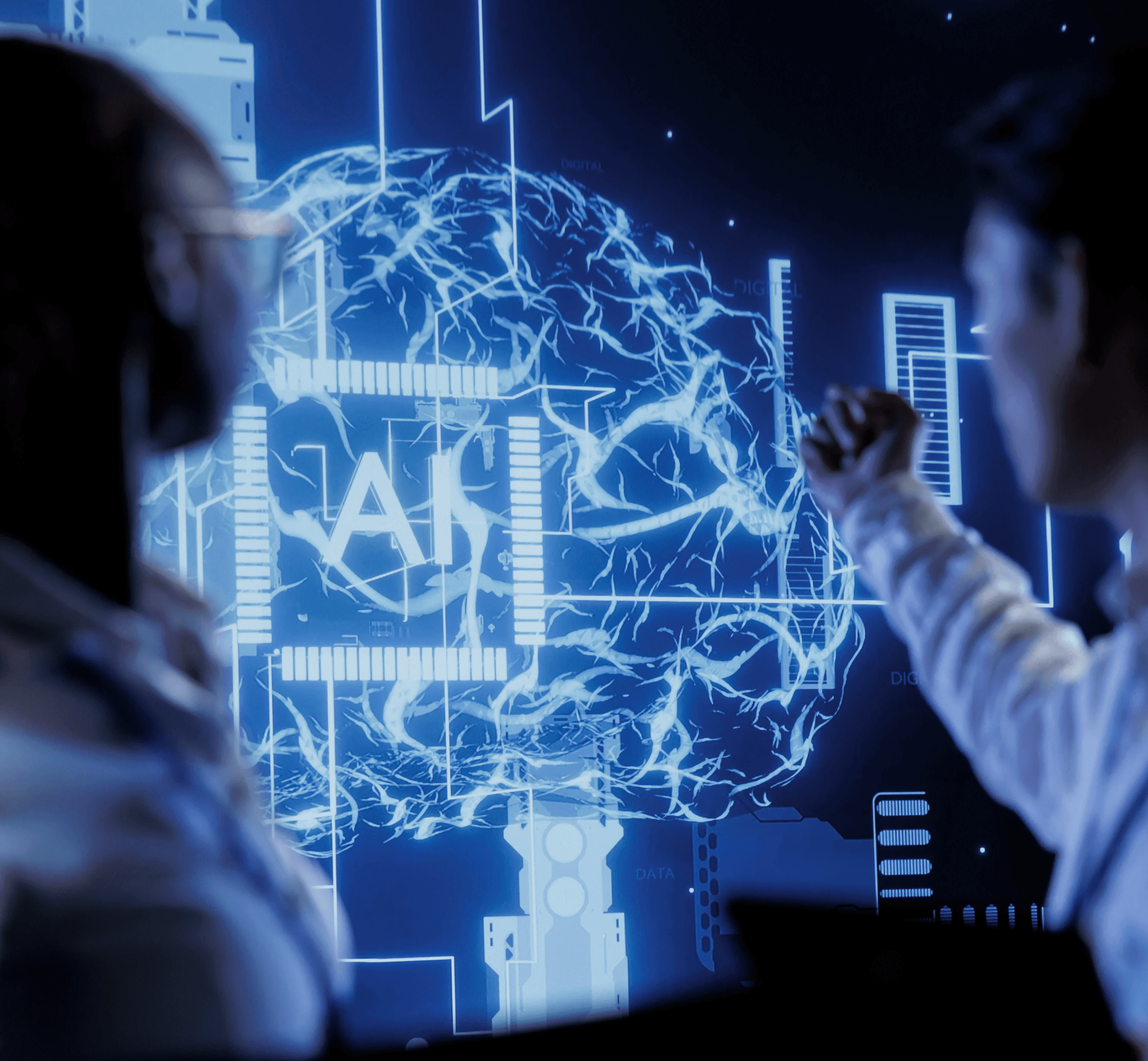 woman and man pointing and AI screen with technology