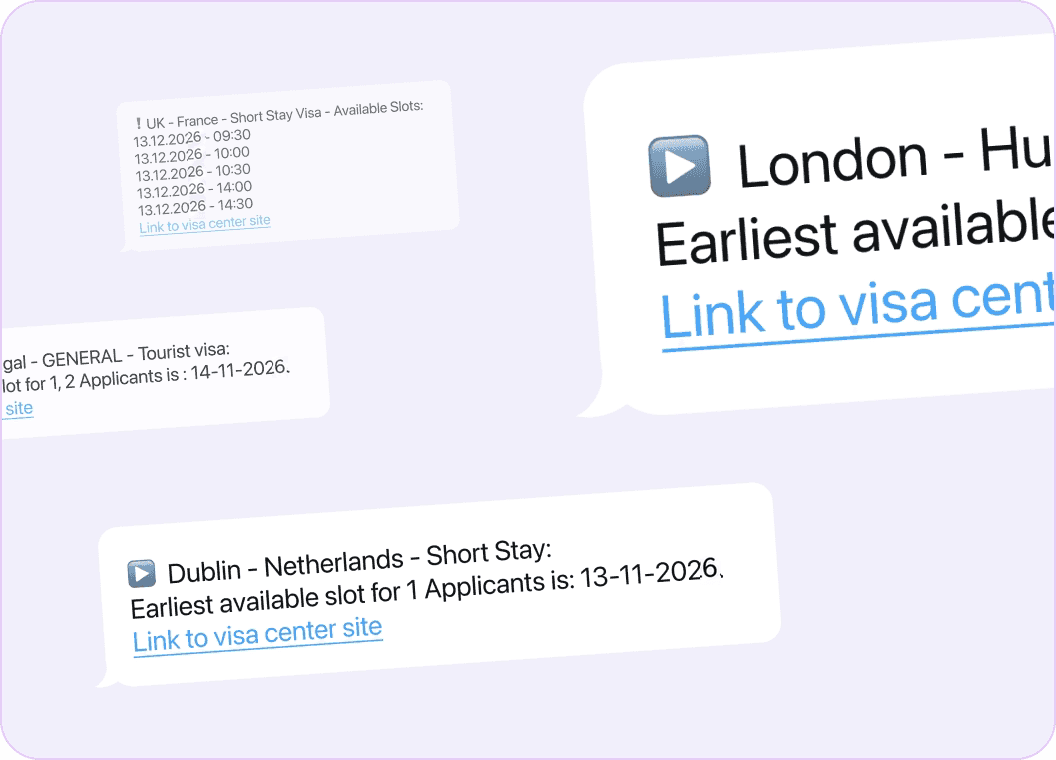 Visard Telegram bot showing real-time slot availability alerts for Schengen visa appointments