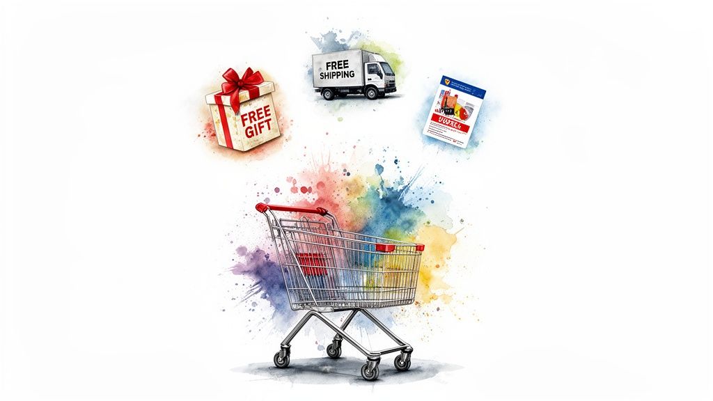 E-commerce shopping cart with free gift, free shipping, and special offer promotions on a white background.
