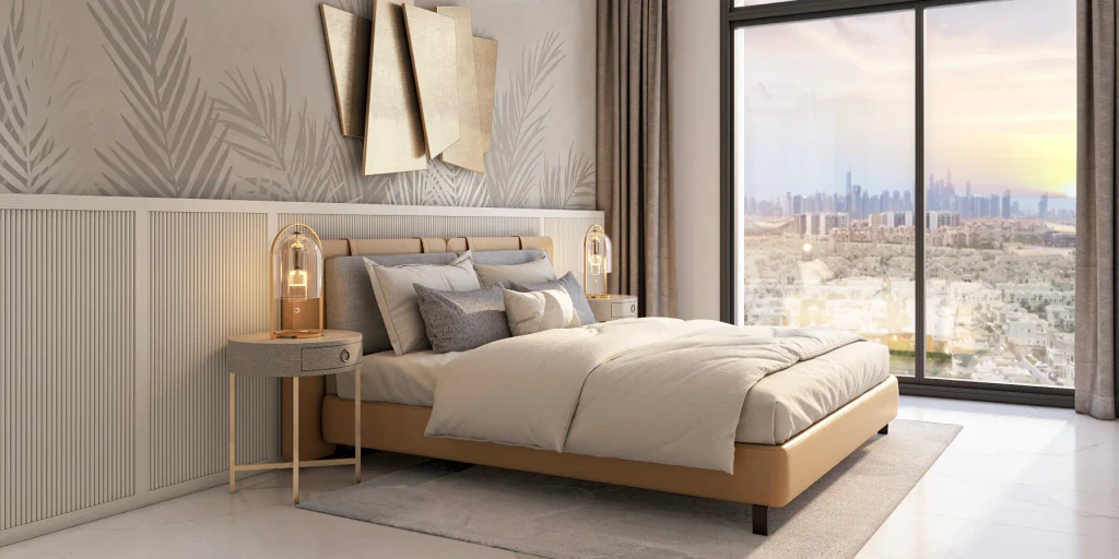 A stylish bedroom featuring a panoramic view of Dubai's cityscape from Azizi Central.