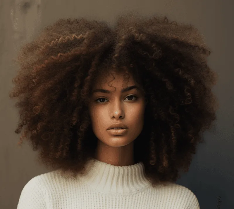 Femme métissée avec coiffure afro naturelle volumineuse, mise en beauté professionnelle.
