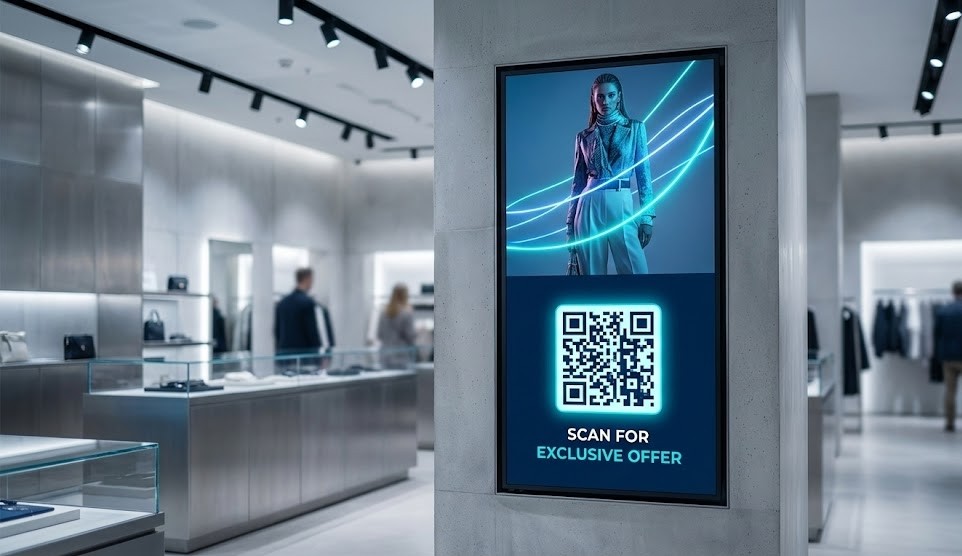 Ecrã digital vertical num pilar de betão numa loja de luxo moderna. A parte superior exibe um anúncio de moda com uma modelo e luzes néon azuis; a parte inferior apresenta um código QR grande com o texto "SCAN FOR EXCLUSIVE OFFER". O fundo mostra o interior desfocado da loja.