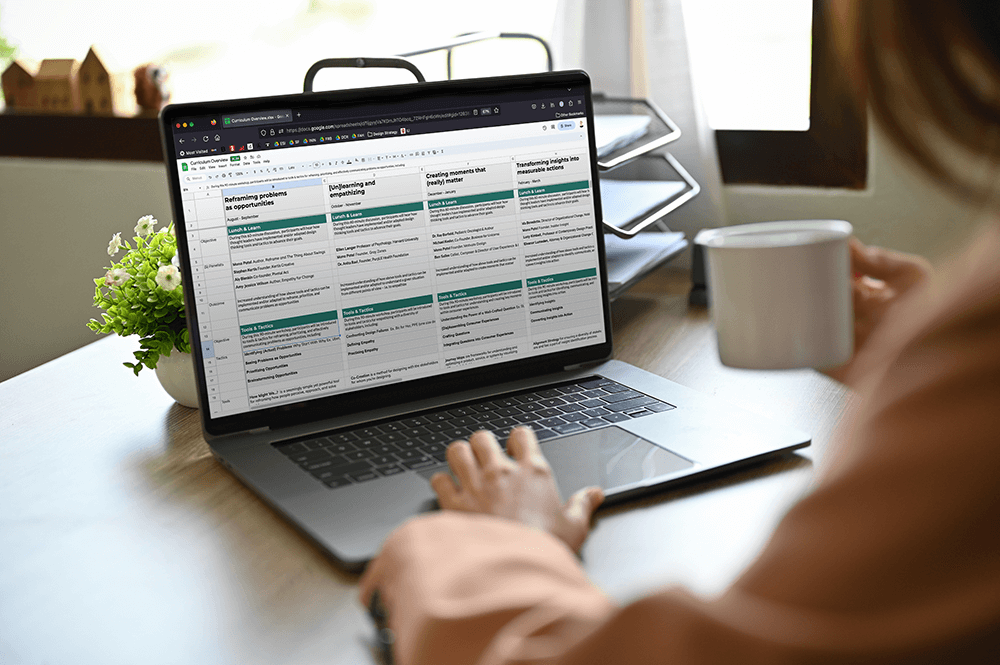 Laptop displaying a project management spreadsheet with columns about brainstorming insights, with coffee cup and plant