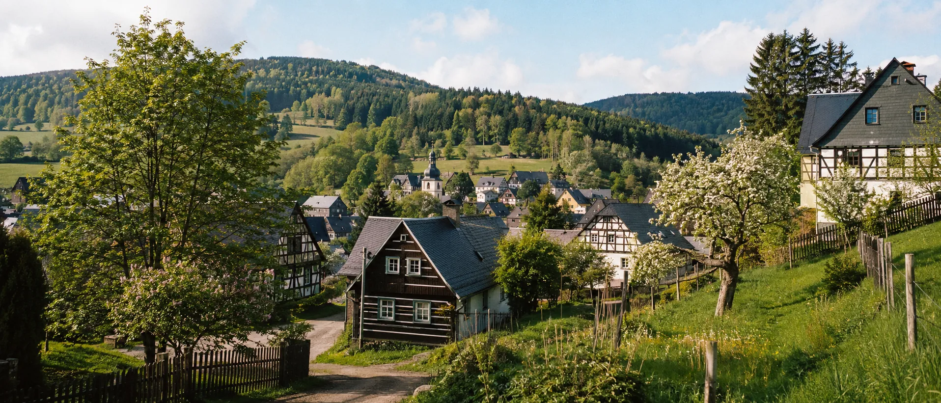 Sächsisches Dorf im grünen Erzgebirgstal mit Fachwerkhäusern und sanftem Morgenlicht