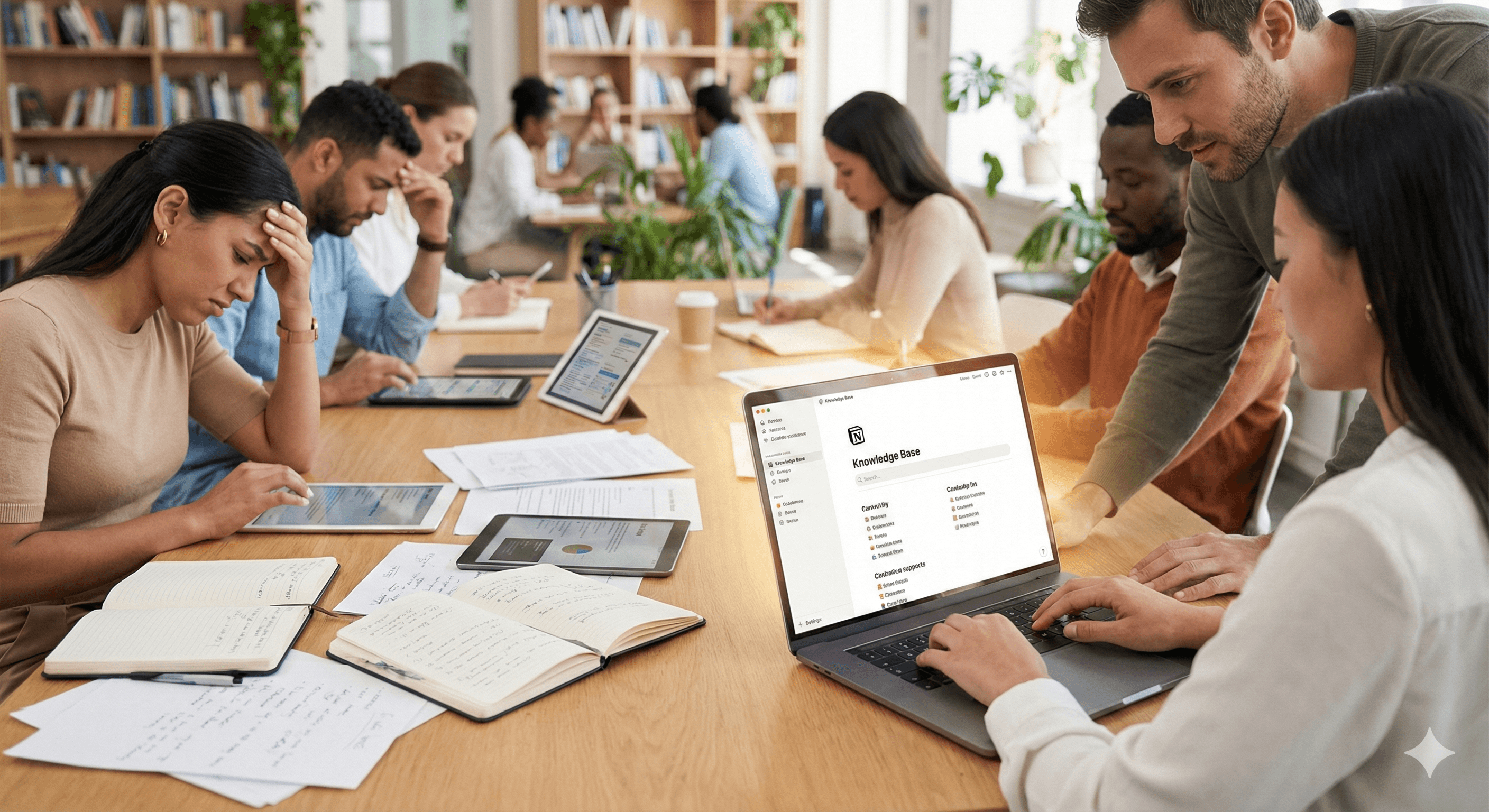 A group of focused professionals collaborate at a large wooden table in a modern library, surrounded by notebooks, tablets, and laptops open to a 'Knowledge Base', illustrating the theme of "The Knowledge Paradox: Fix Knowledge Management to Scale AI in Europe".