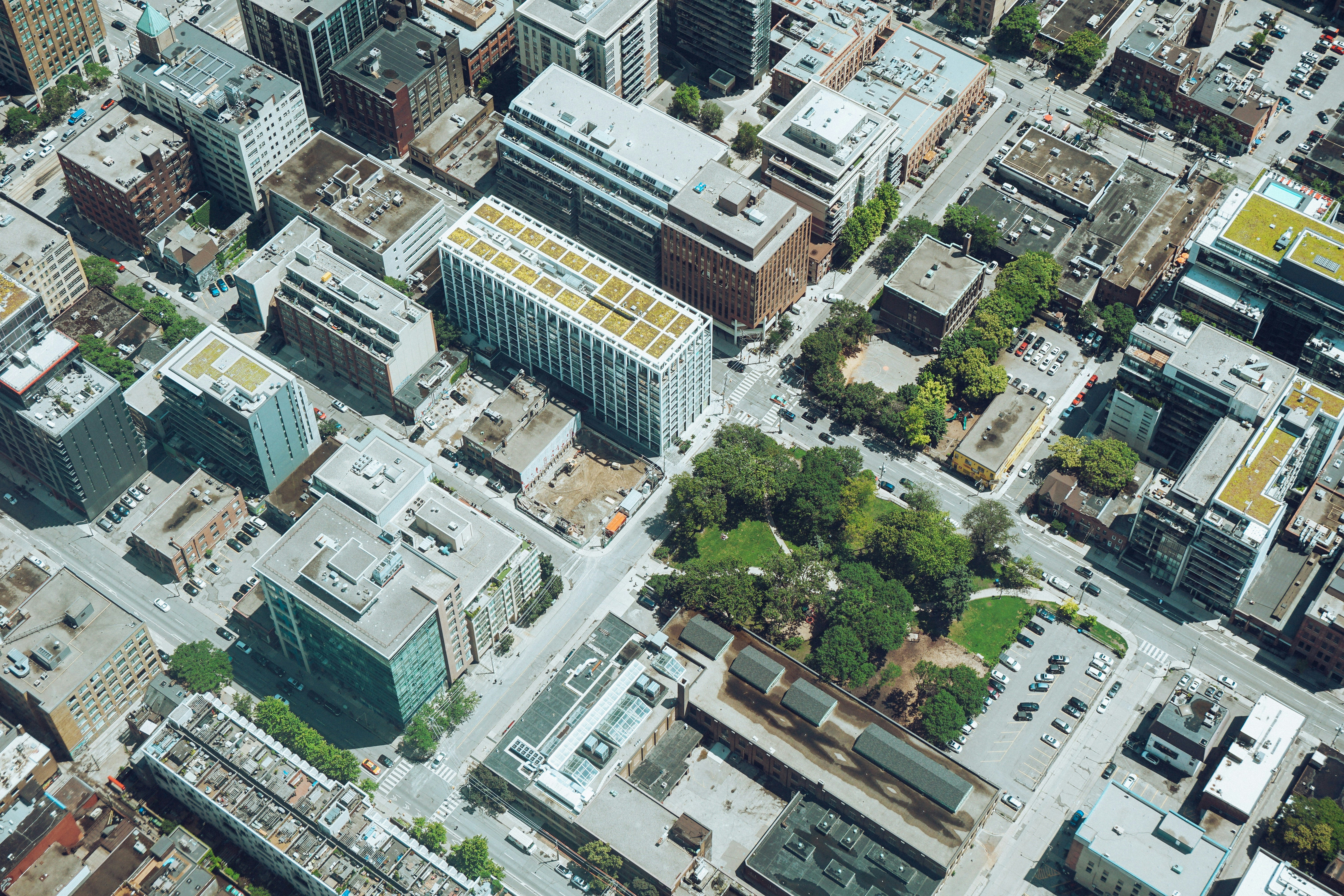 Aerial view of modern buildings and residences