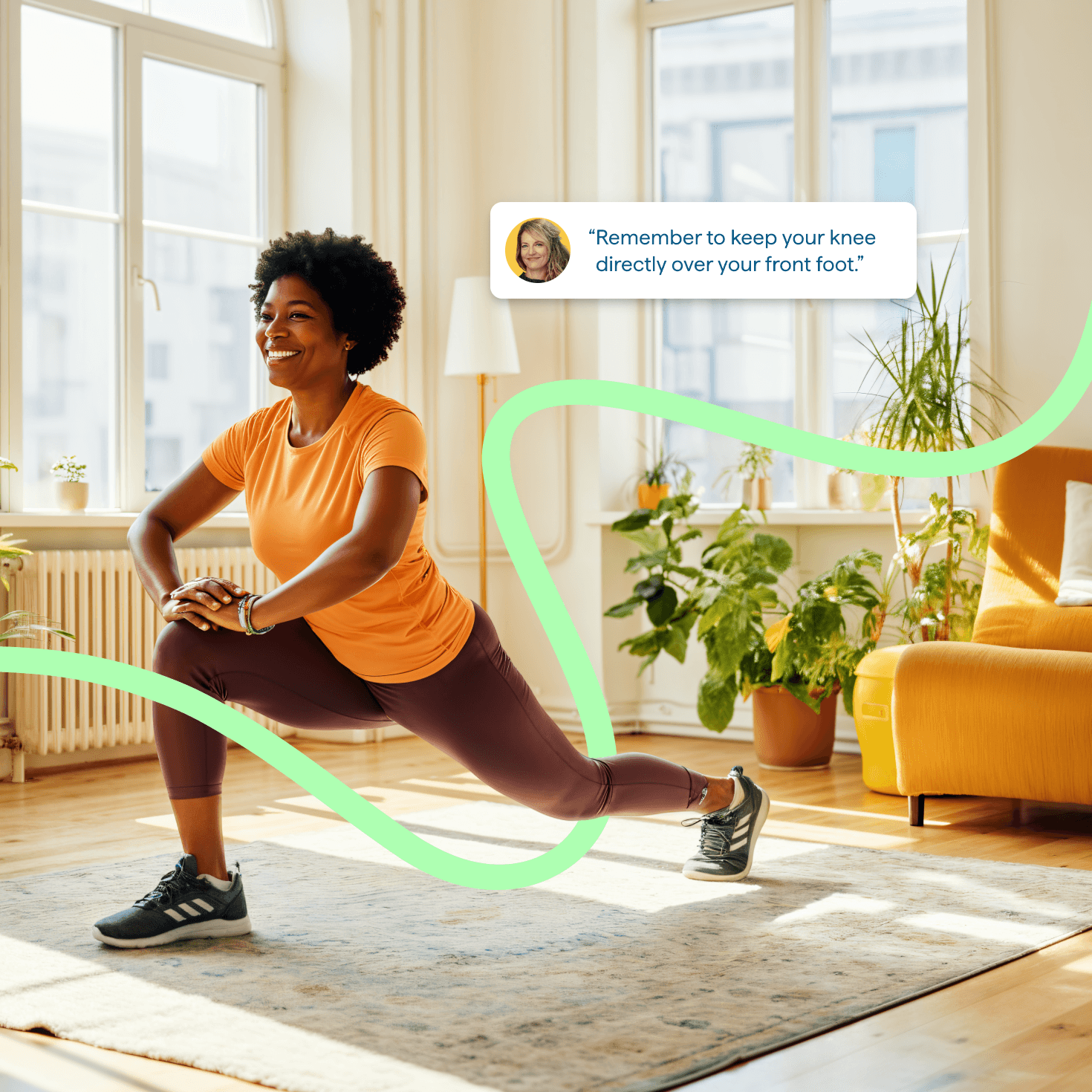 Two hikers on a mountain trail with fitness stats and a yellow wave design overlay.