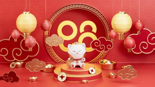 A lucky cat holding gold coins sitting in a red room decorated with lanterns, golden clouds and a backdrop that says "98"