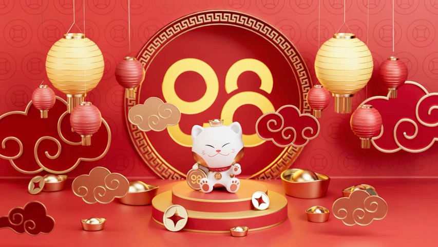 A lucky cat holding gold coins sitting in a red room decorated with lanterns, golden clouds and a backdrop that says "98"