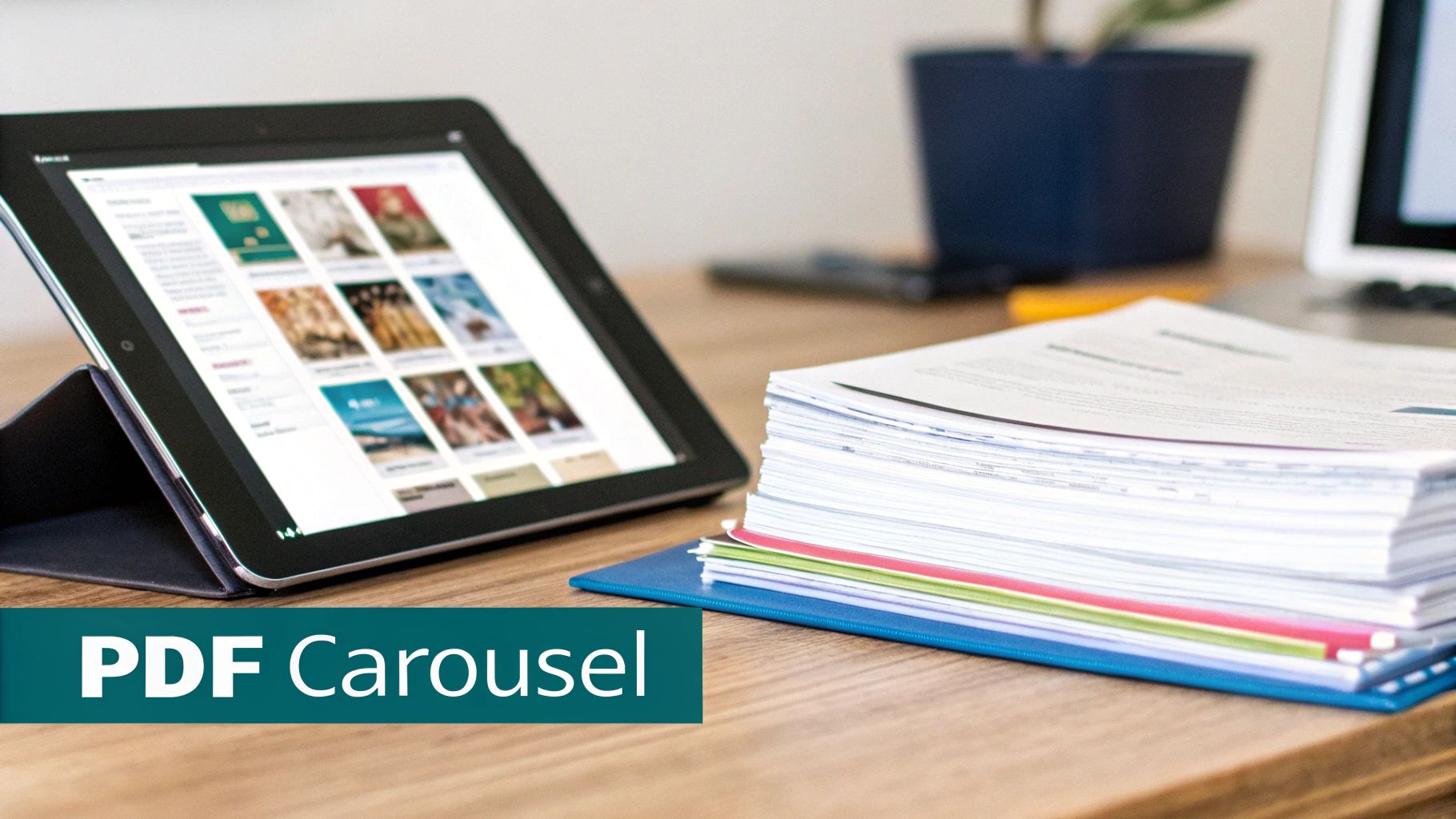 A professional looking at a document carousel on a laptop screen, demonstrating LinkedIn's document sharing feature.