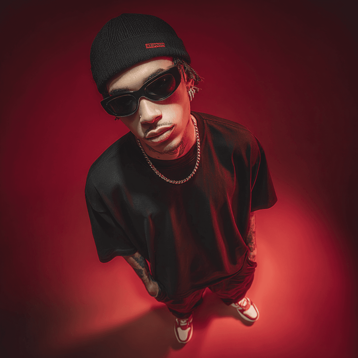 A young man wearing a black beanie, dark sunglasses, black oversized t-shirt, and red pants, photographed from above against a deep red background.
