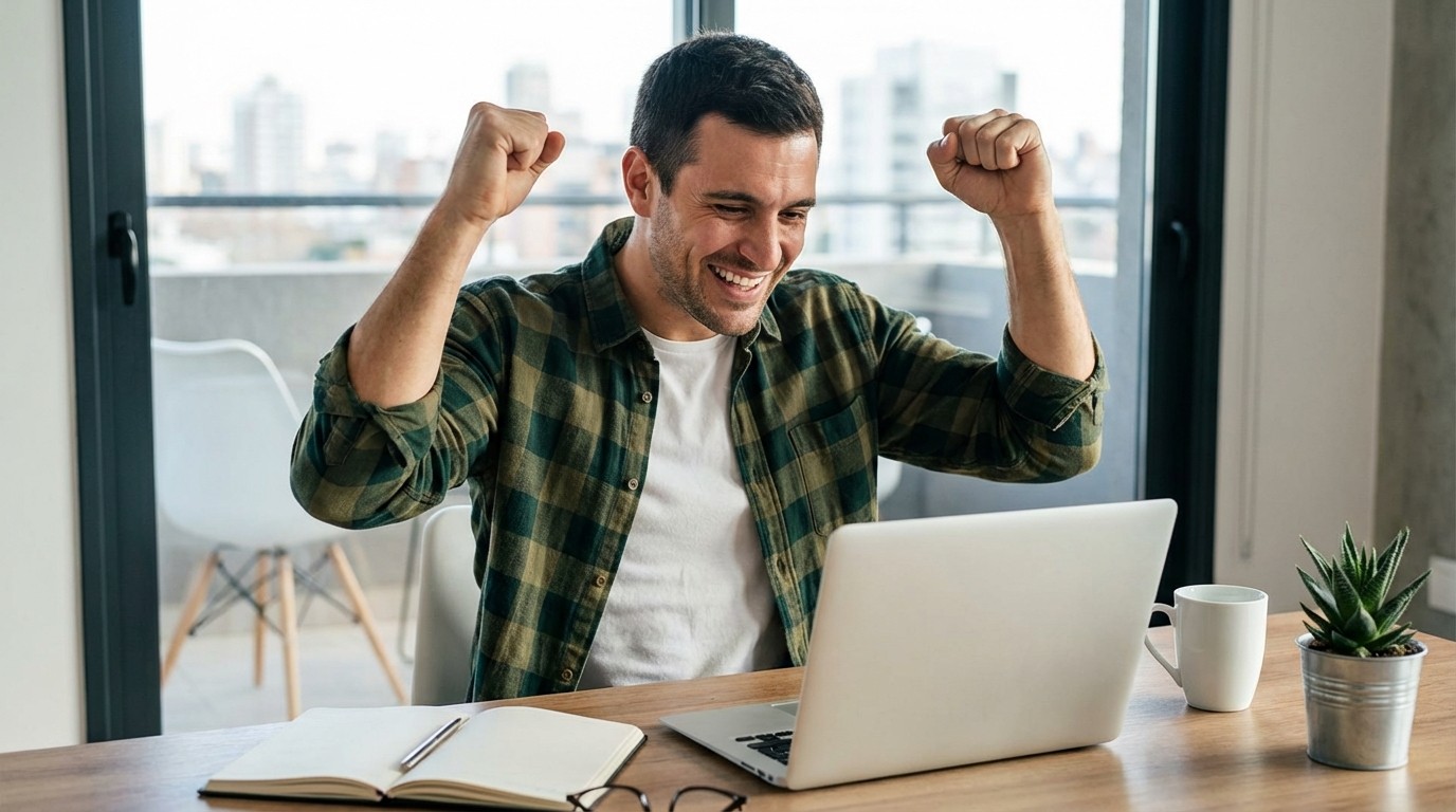 An excited male user, sitting at his home office deck, discovering the benefits of Text Healer 