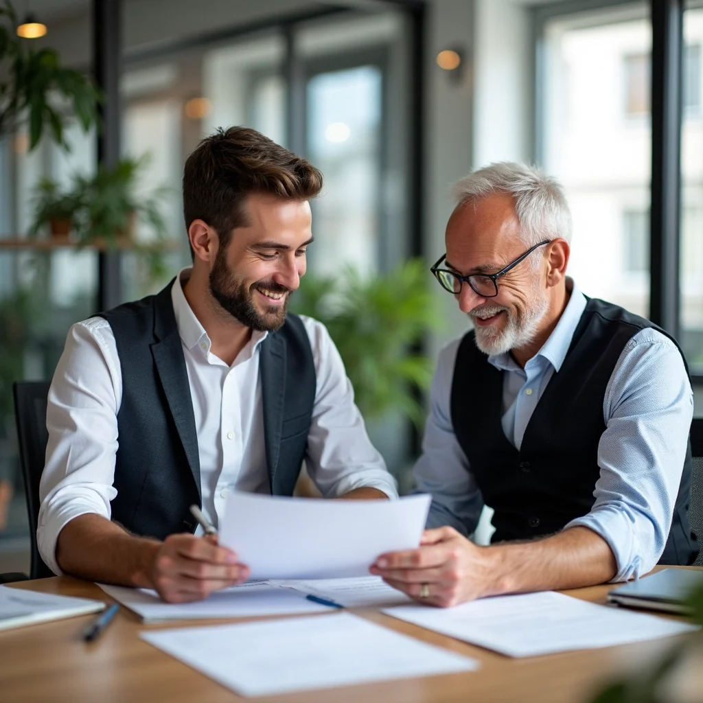 Un jeune professionnel consulte un document papier avec un collègue plus expérimenté, sourires et posture bienveillante.