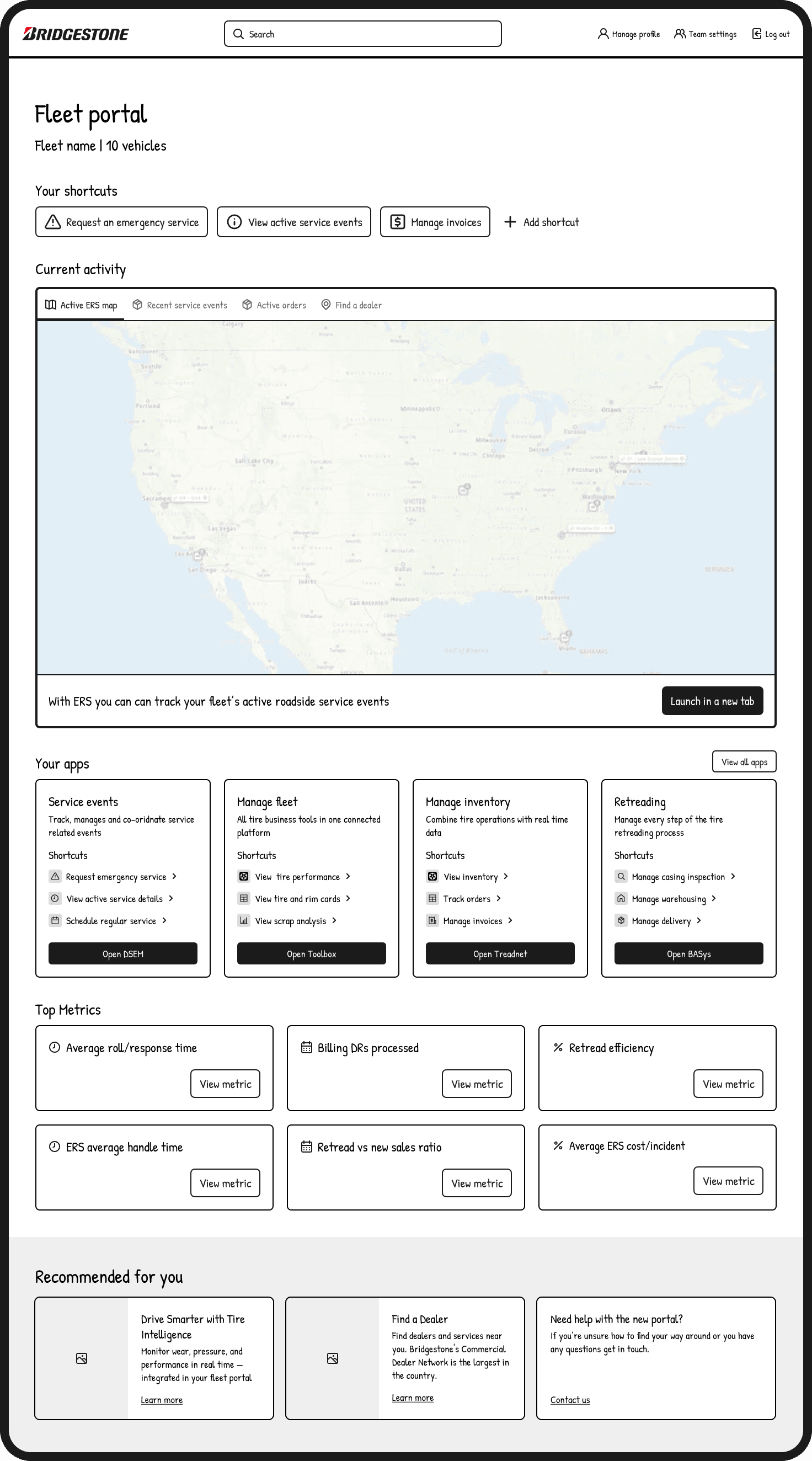 Wireframe of Bridgestone Fleet Portal dashboard showing vision concepts including shortcuts, a current activity map, app tiles for key tools, and top metrics cards