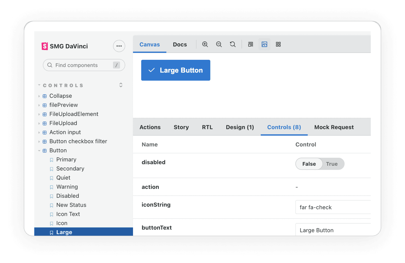 A view of a Button component page in storybook docs
