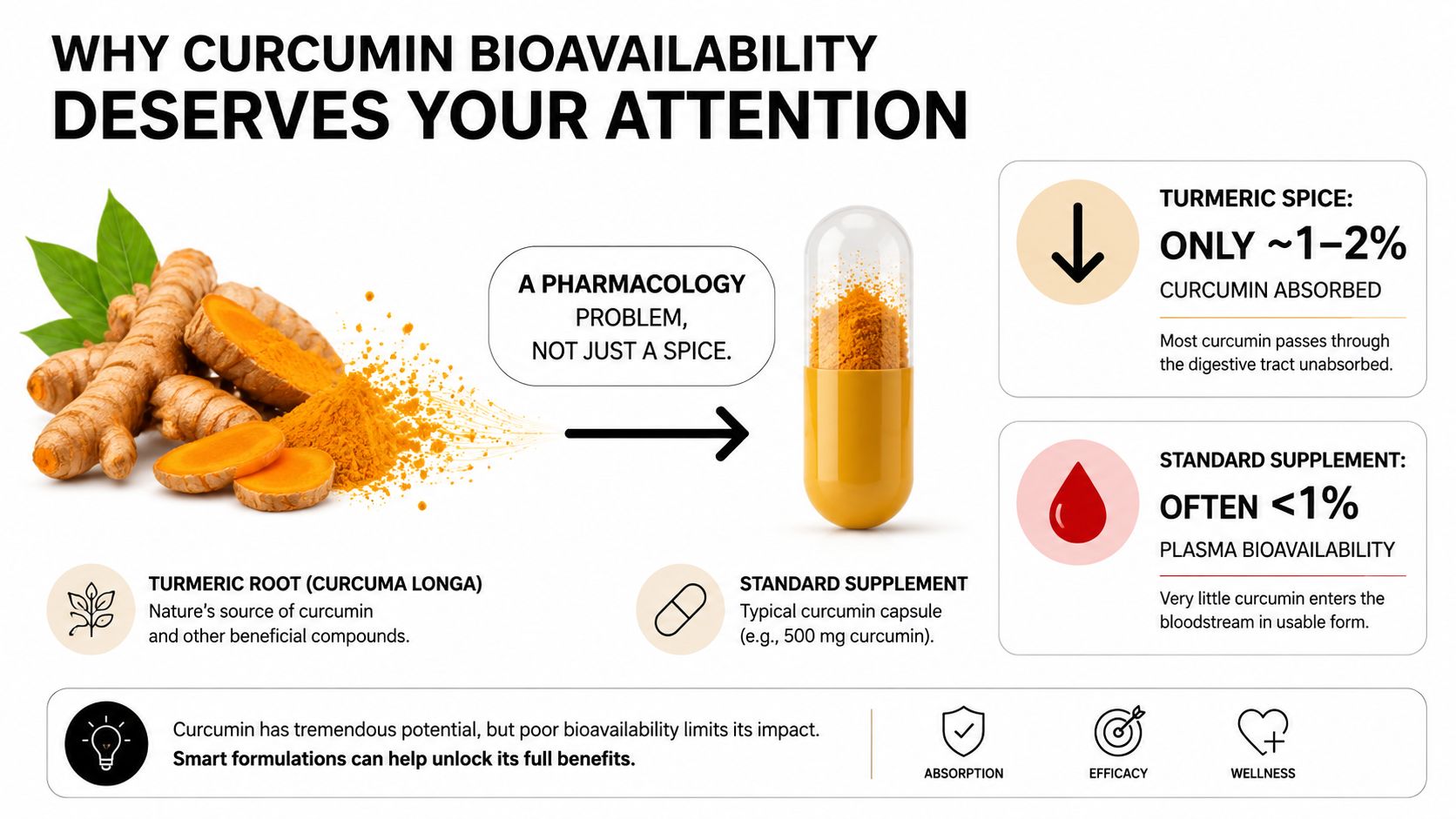 An infographic illustrating the low bioavailability of curcumin from turmeric root and standard supplements.