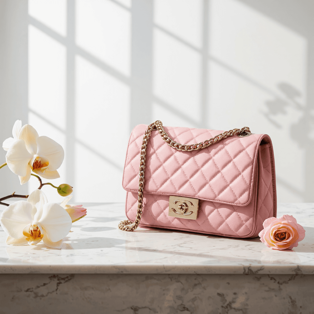 product photography of a pink quilted handbag with a chain strap, used for carrying personal items