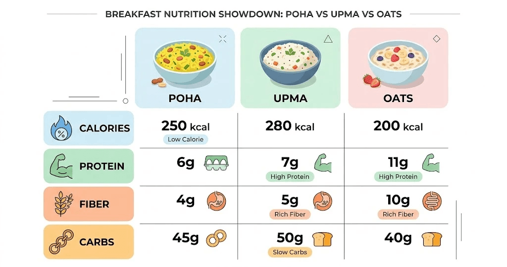 A detailed nutrition comparison chart infographic comparing three common Indian breakfast options: Poha, Upma, and Oats. The chart compares them across four key metrics: Calories, Protein, Fiber, and Carbohydrates (Carbs), with illustrative icons for each metric. The infographic shows Poha at 250 kcal (Low Calorie), 6g Protein, 4g Fiber, and 45g Carbs. Upma is listed at 280 kcal, 7g Protein, 5g Fiber (Rich Fiber), and 50g Carbs (Slow Carbs). Oats are shown as 200 kcal, 11g Protein (High Protein), 10g Fiber (Rich Fiber), and 40g Carbs. The infographic features clean flat design with subtle pastel colors and easy-to-read labels on a white background, complete with a title "BREAKFAST NUTRITION SHOWDOWN: POHA VS UPMA VS OATS" and a subtitle "MINIMAL NUTRITION GUIDE". Each food item has a cartoon illustration of its serving bowl.