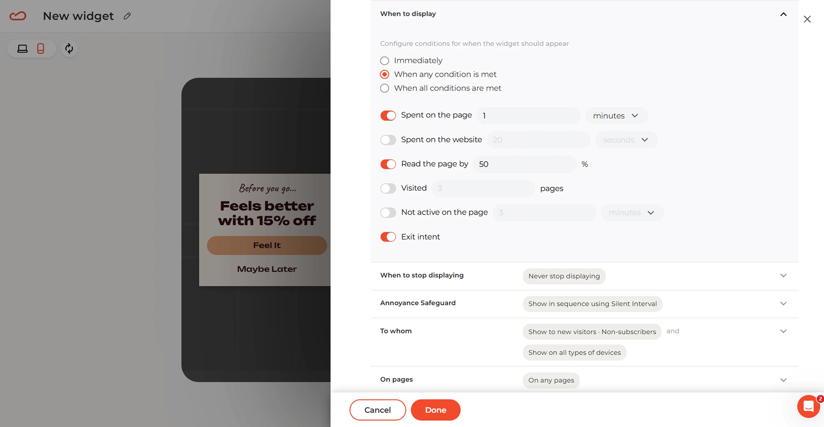 Claspo exit intent display rule combined with time on page and read the page by 50% settings