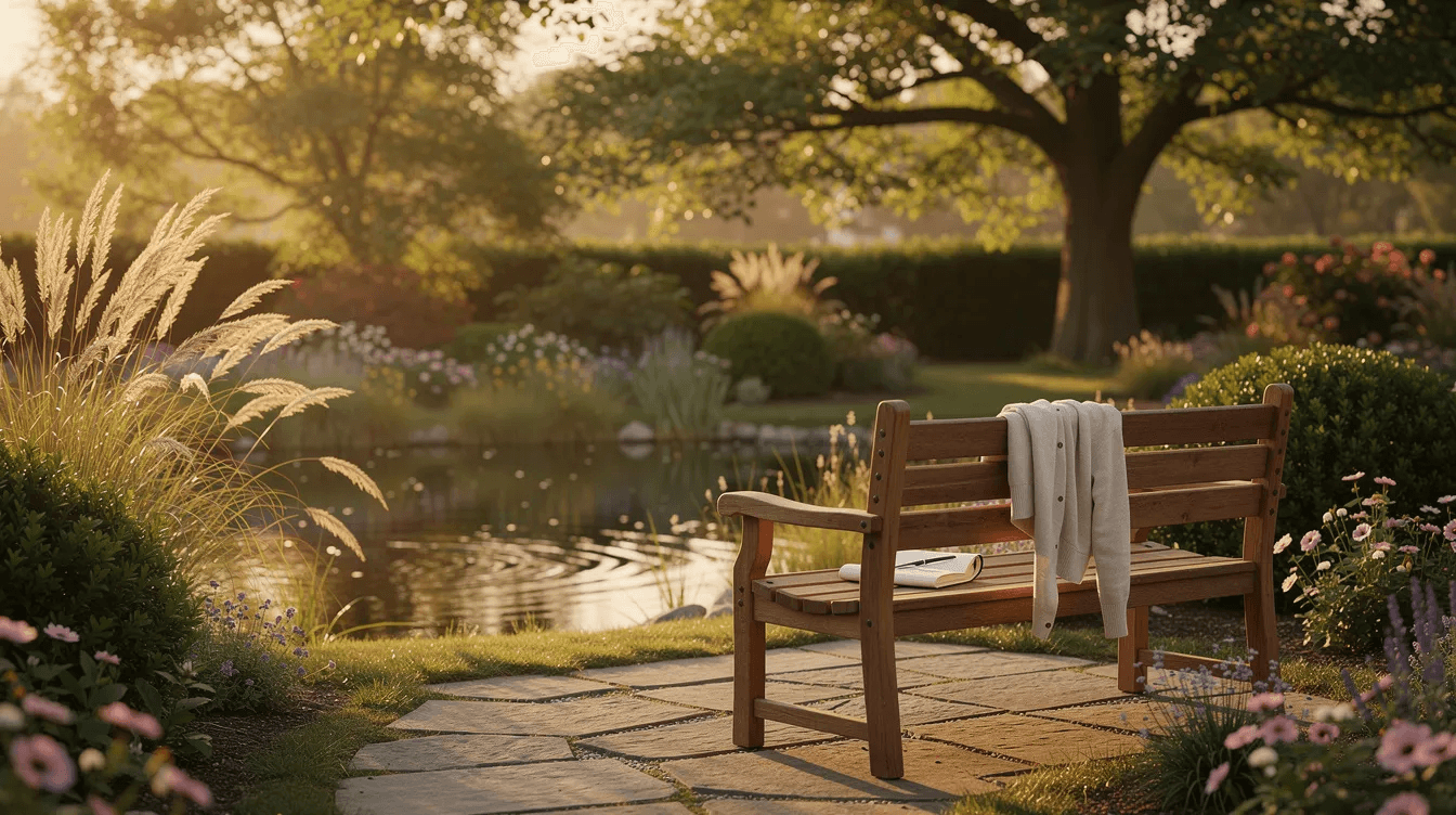 The image depicts a serene garden scene featuring a wooden bench surrounded by lush greenery and colorful flowers, inviting contemplation about one's retirement plan and desired retirement lifestyle. This peaceful setting symbolizes the importance of retirement savings and the thoughtful consideration of future financial goals.