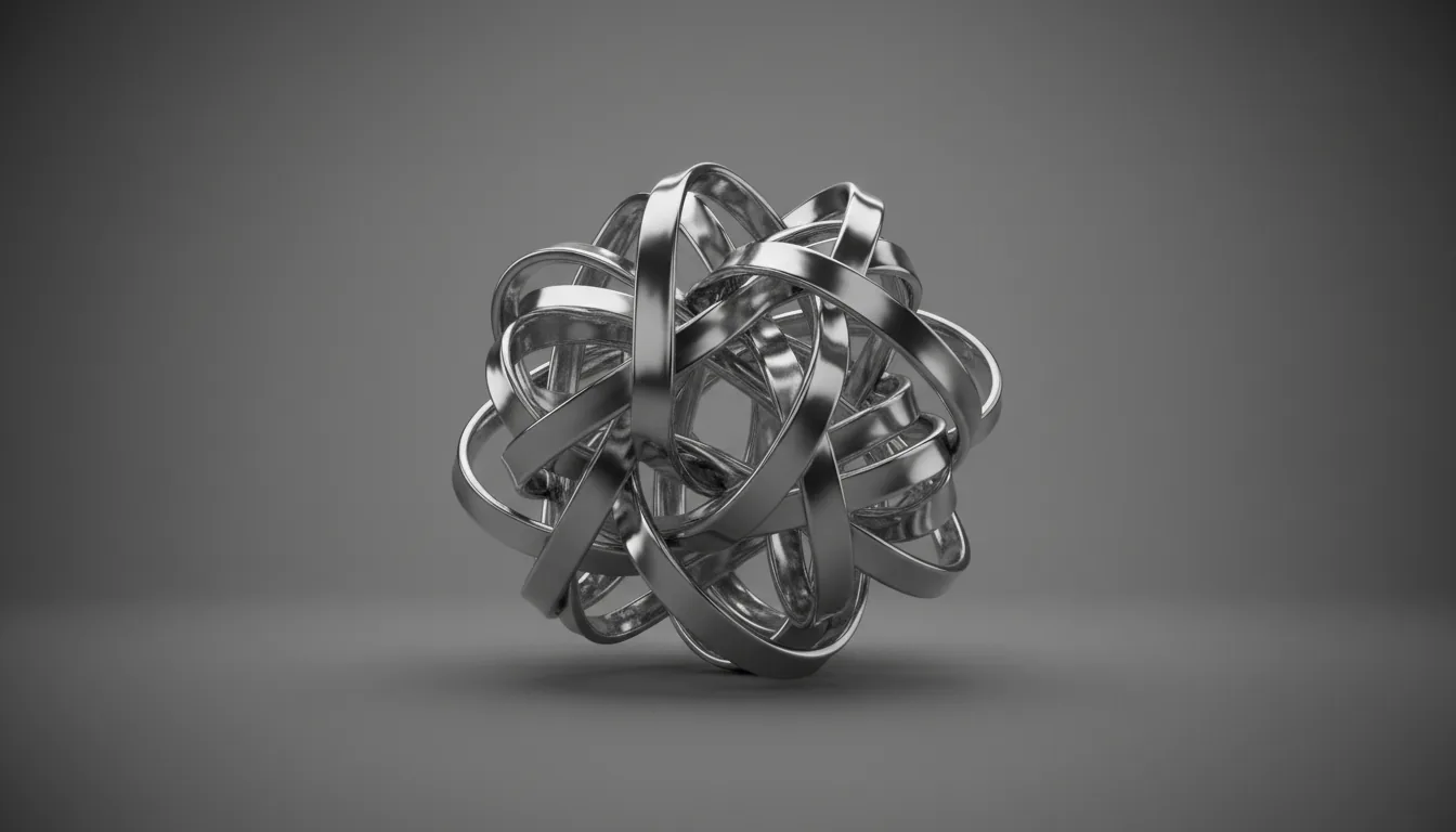 Monochrome 3D render in the style of Cinema 4D, showcasing a complex and dynamic abstract sculpture composed of tangled, flowing ribbons of crumpled, highly reflective liquid chrome. The sculpture rests on a surface, casting a soft contact shadow. The scene is illuminated by soft global illumination from a studio setup, creating dramatic highlights and deep, rich shadows on the metallic form. The background is a seamless, neutral grey gradient with a subtle vignette.