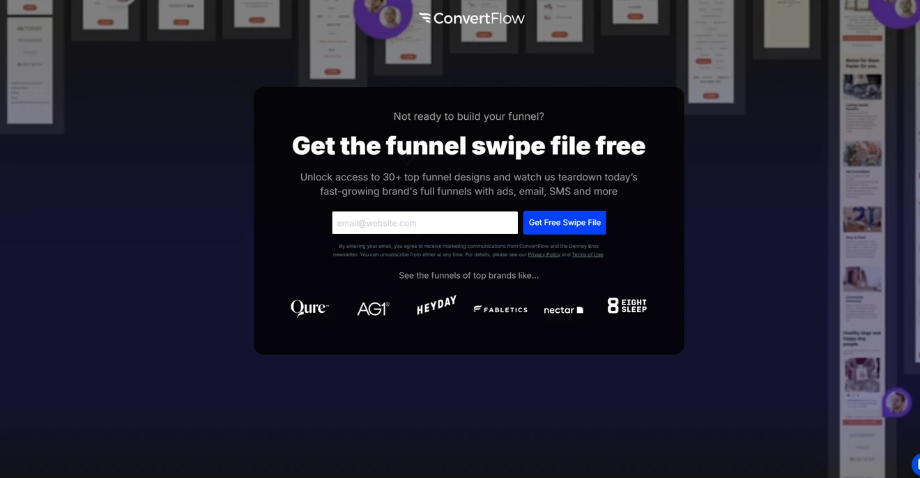 ConvertFlow email signup offering a free swipe file with more than 30 funnel examples