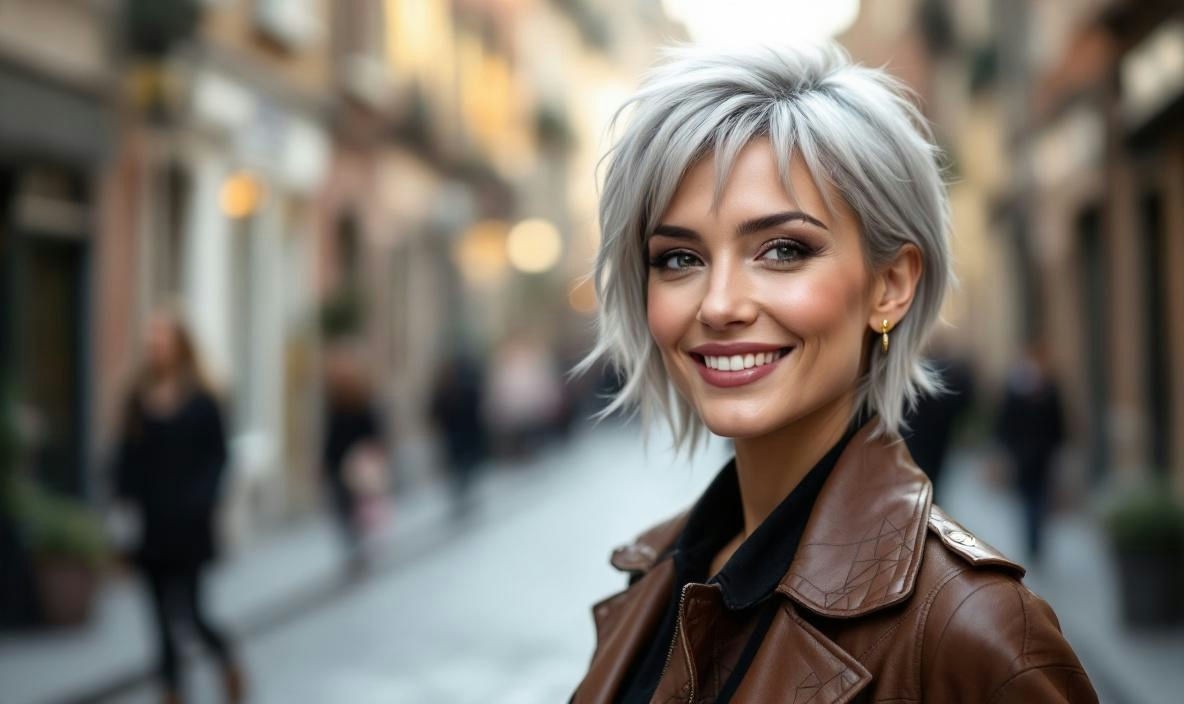 Woman standing in the street smiling to the camera