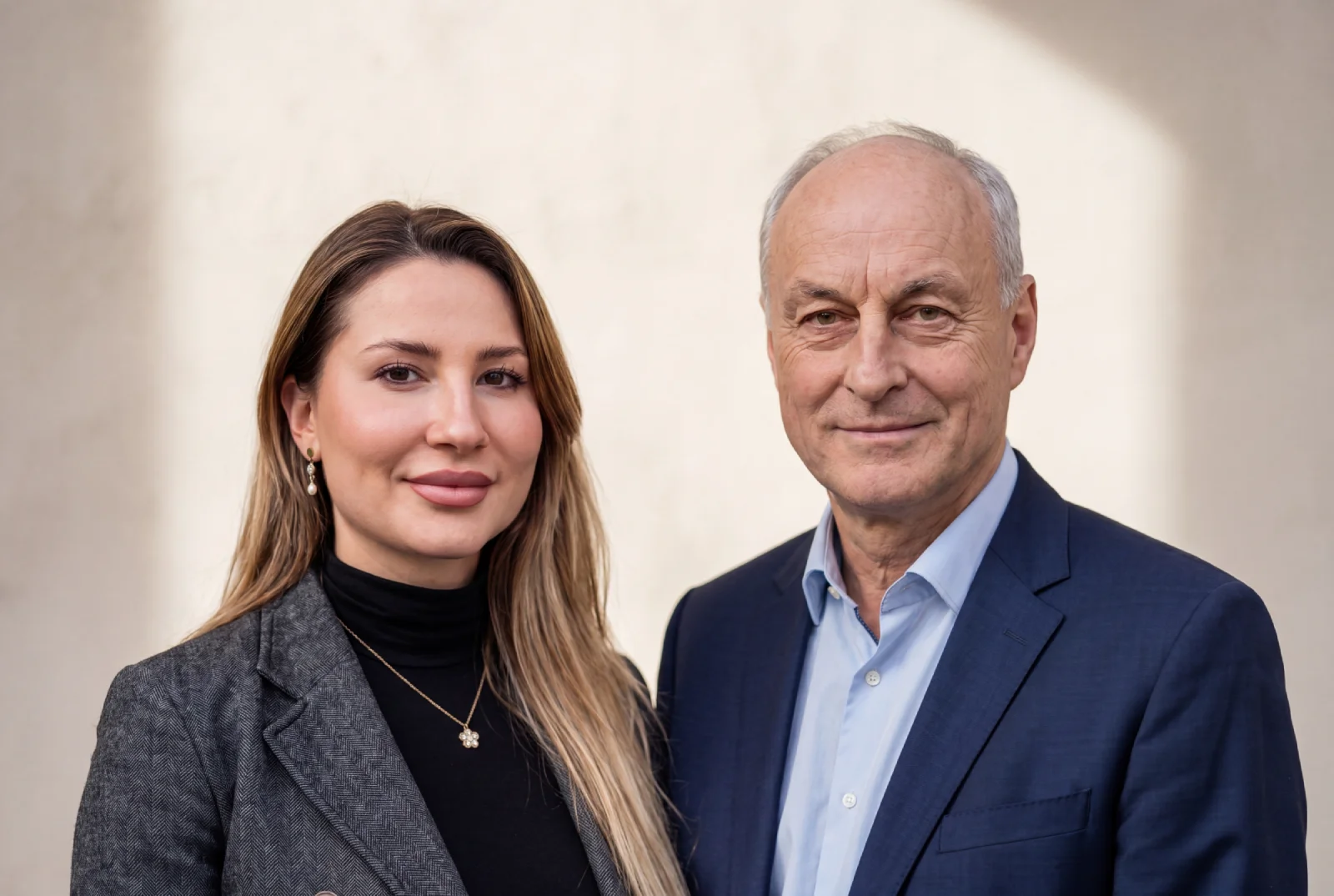 Two women are standing side by side against a beige wall, smiling confidently, one wearing a green shirt and the other in a dark blazer, with soft lighting casting gentle shadows.